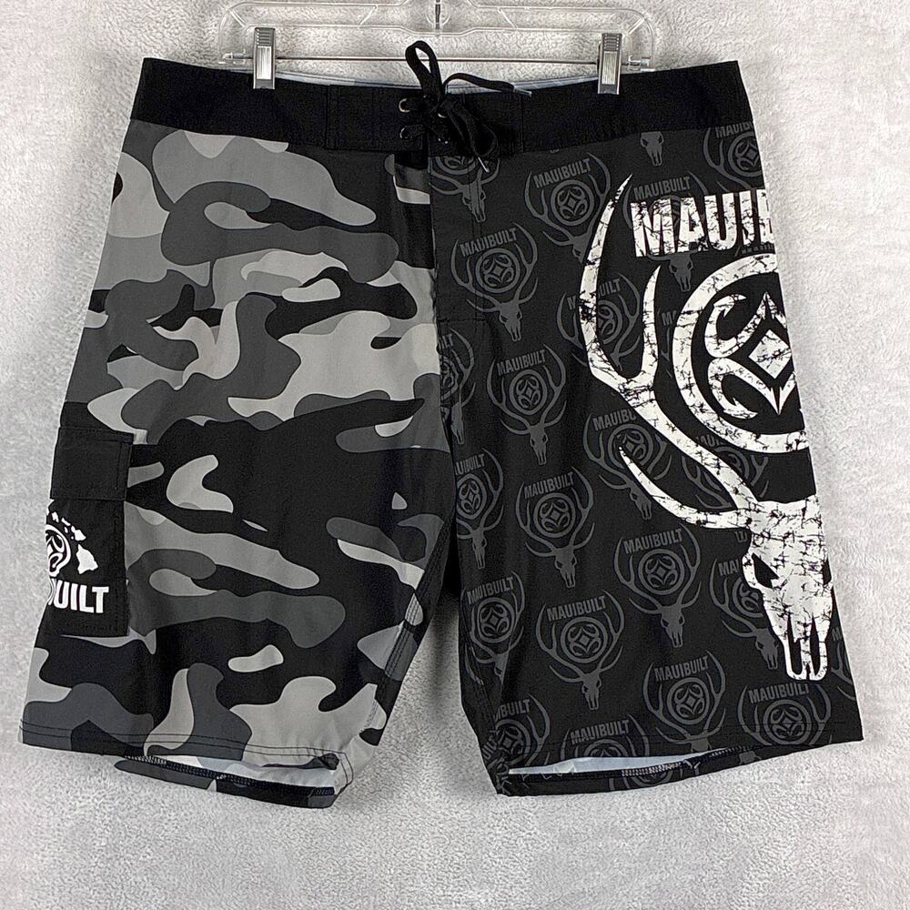 Maui Built Board Shorts Mens 40 Black Gray Camo Drawstring Performance Beach Y2K